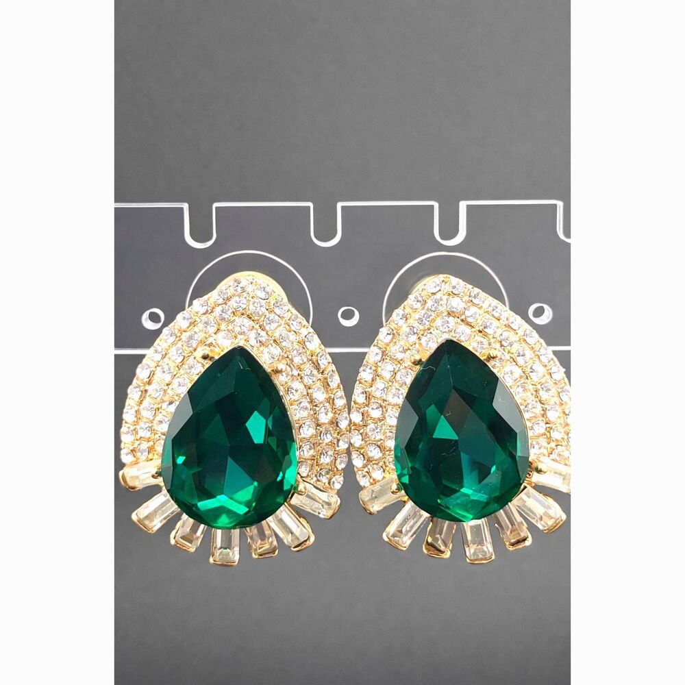Emerald Green Teardrop Earrings Rhinestone Statement Gold Tone Bold Glamour
